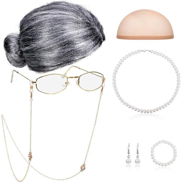 Old Lady Costume Set - Grandmother Wig Granny Glasses Wig Cap Eyeglass Chains - Image 2