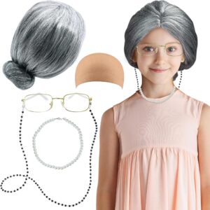 Old Lady Costume Set - Grandmother Wig Granny Glasses Wig Cap Eyeglass Chains